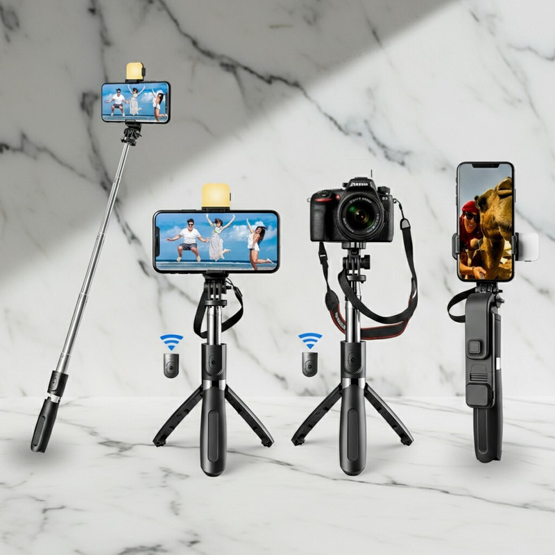 Bluezoo R1s Bluetooth Selfie Sticks with Remote and Selfie Light, 3-in-1 Multifunctional Selfie Stick Tripod Stand Compatible with iPhone/OnePlus/Samsung/Realme & All Smartphones/Go Pro Bluetooth Selfie Stick(Black, Remote Included)