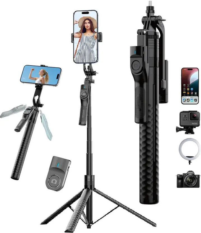 Hold up 74 Inch Selfie Stick Phone Tripod with Wireless Remote Extendable Smartphone Tripod Stand 360 Rotation Bluetooth Selfie Stick(Black, Remote Included)