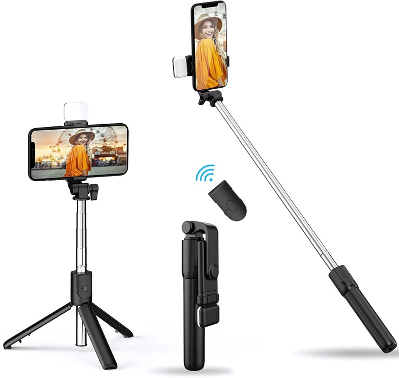 NAFA 27-Inch Selfie Stick Tripod with LED Flash Light, Bluetooth Remote, 360° Rotating Mobile Holder, Rechargeable Fill Light, Foldable Selfie Stick for Smartphone, Vlogging & Travel Bluetooth Selfie Stick(Black, Remote Included)