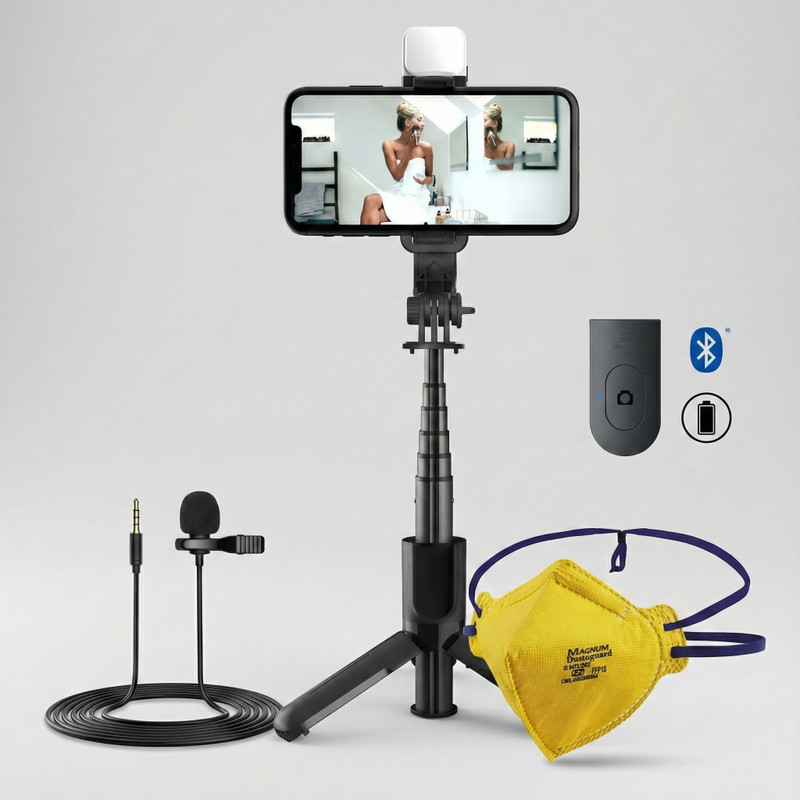 airtech Combo of Led Selfie Tripod with Collar Mic and N95 Anti-Pollution| BT remote Tripod Kit, Tripod, Monopod(Black, Supports Up to 1999 g)