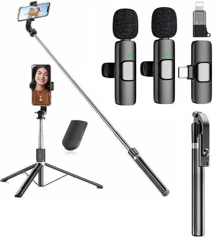 RelElseTech R1-L 67 Inch Selfie Stick Tripod with Bluetooth Remote & Stable Base + K9 Dual Wireless Lavalier Microphone Combo | 3-in-1 Adjustable Tripod Stand with Dual Mic Set for Smartphones | Perfect for YouTube, Vlogging, Interviews, Reels & Photography Bluetooth Selfie Stick(Black, Remote Inclu