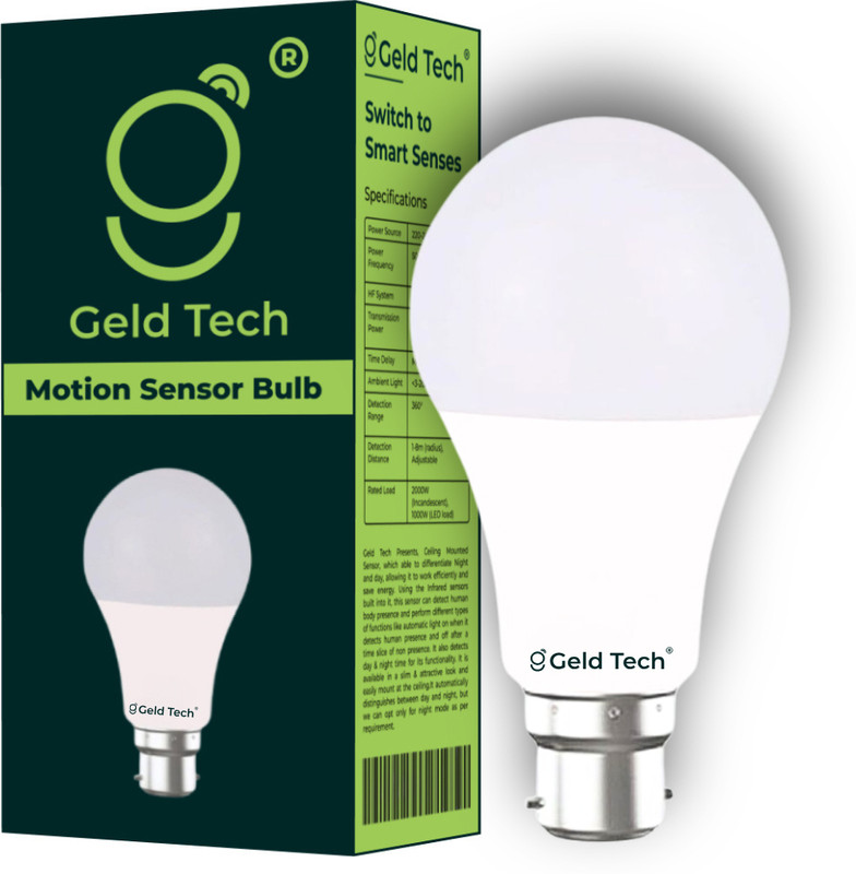 Geld Tech Motion Sensor Light, Auto on/off, Radar Sensor LED Bulb 10W Cool White (6500K) Wired Sensor Security System