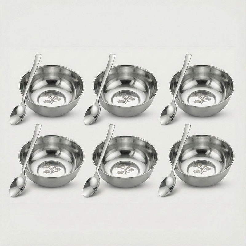 asphstore Stainless Steel Bowl Spoon Set 12 Pcs (6 Bowls + 6 Spoons) 200ml Home Use Bowl Serving Set(Pack of 12)