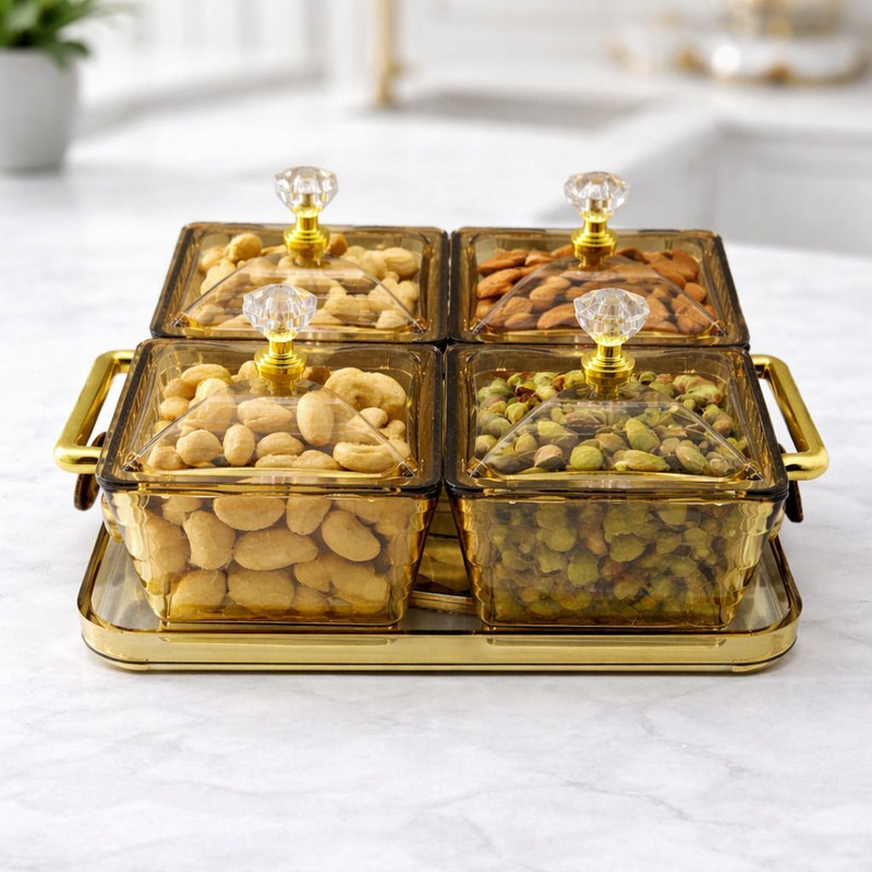 GOLDFINCH Premium Storage Box Set with Lid & Golden Tray |4 Compartment Acrylic Container Bowl, Tray Serving Set(Pack of 1)