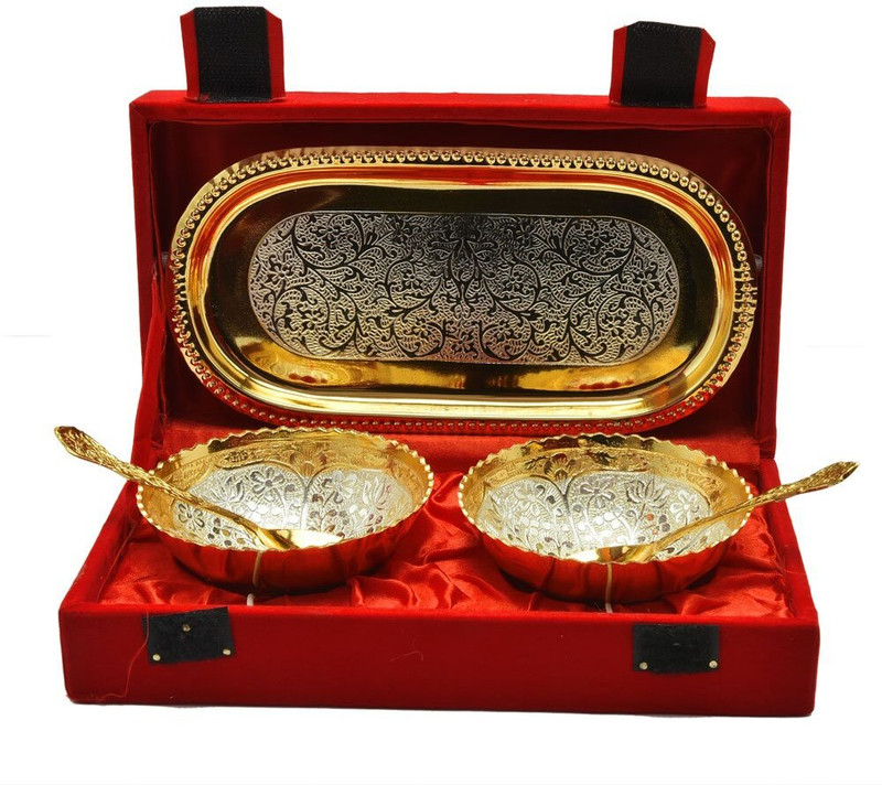 TAHandicrafts Brass Decorative Bowl Gold & Silver Plated Bowl Set with Tray & Spoons in Velvet Box(Pack of 1, Silver, Gold)