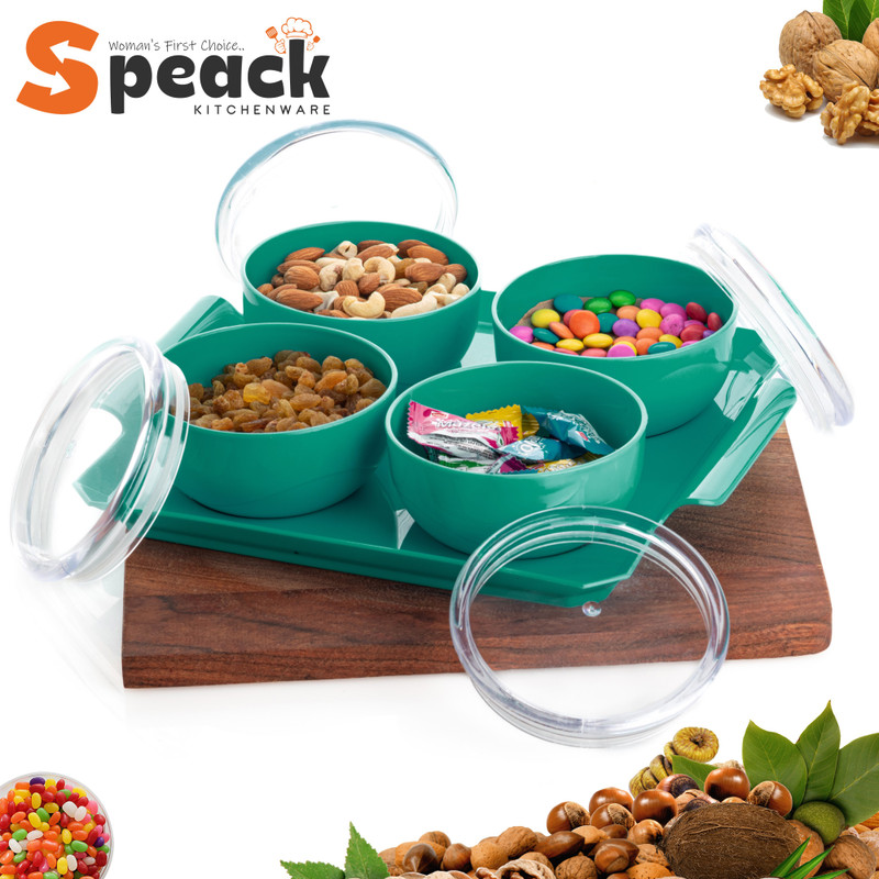 SPEACK Woman's 1st Choice Serving Set | Bowl | Bowl Set With Tray And Airtight Lid Bowl, Tray, Container Serving Set(Pack of 4)