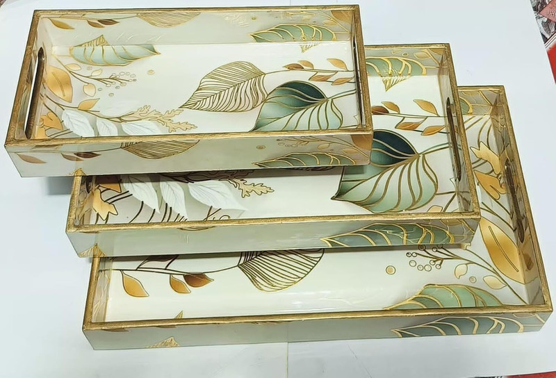 HINAZ Luxury Decorative Serving Trays Set of 3, Gold Leaf Pattern. Tray Serving Set(Pack of 3)
