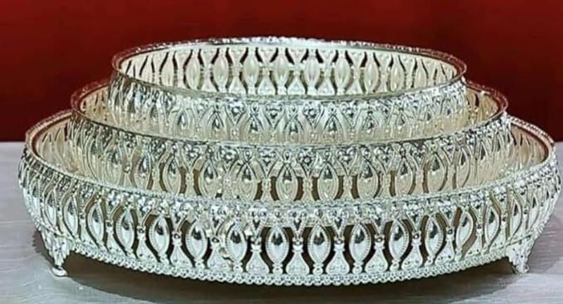 DGH Round German Silver Tray | German Silver Tray with Feet | Round Decorative Tray Tray Serving Set(Pack of 3)