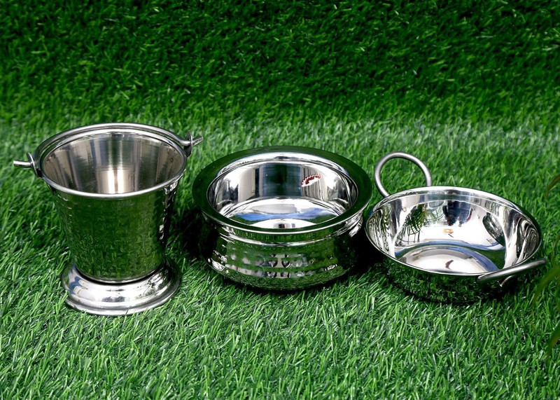 Tannu Craft Hammered/Mathaar [ Handi (500ml), Kadhai (300ml), Balti (300ml) Bowl, Gravy Bucket Serving Set(Pack of 3)