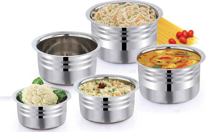 Nirvika Pack of 5 Stainless Steel tope set/ Urli Set/Serving bowl Cookware Set biryani tope Dinner Set(Silver, Microwave Safe)