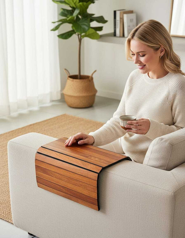TIMBADIYA ENTERPRISE Wooden Sofa Armrest Tray |Tambour Tray|Flexible And Foldable Tray Serving Set(Pack of 1)