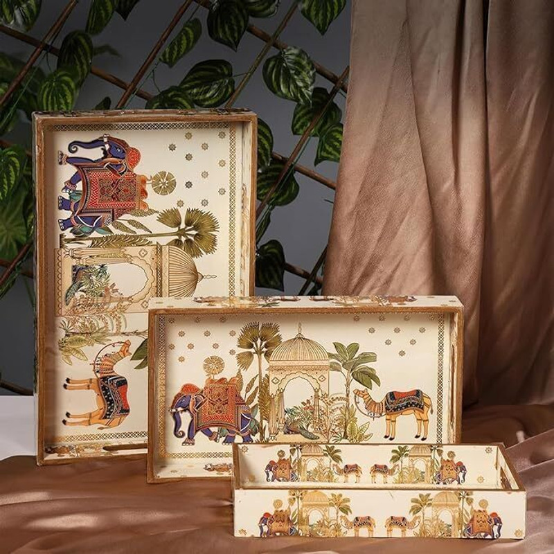 TAH Royal Elephant Print Decorative Tray Serving Set(Pack of 3)