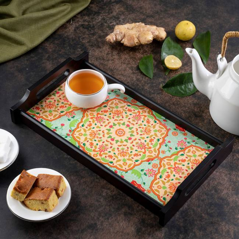 KOLOROBIA Ornate Mughal Medium Wooden Tray Tray Serving Set(Pack of 1)