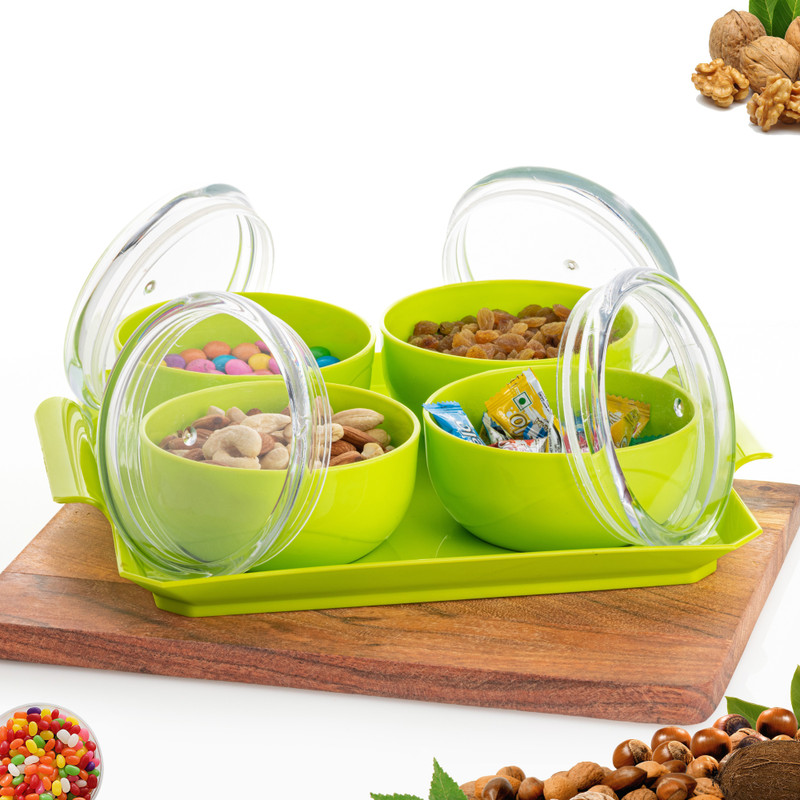 SPEACK Woman's 1st Choice Serving Set | Bowl | Bowl Set | Airtight Container With Tray And Lid For | Aachar | Pickle | Salad | Dryfruit | Dessert | Snacks | Chocolate | Candy | Masala Bowl, Tray Serving Set(Pack of 5)