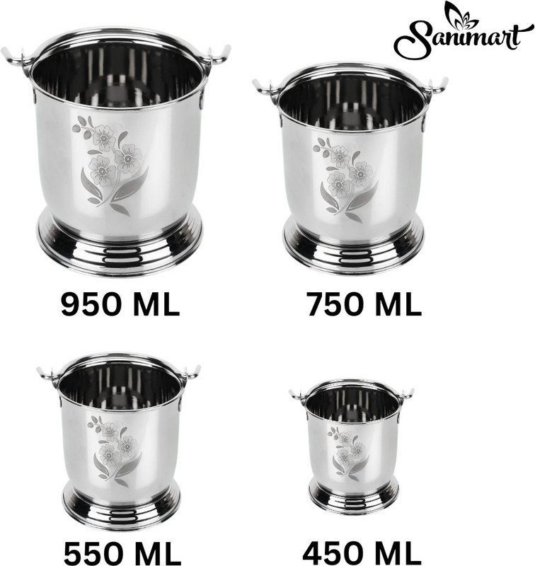 Sanimart Mini Steel Serving Buckets with Handle| Gravy, Dal, Raita & Curry Gravy Boat Serving Set(Pack of 4)