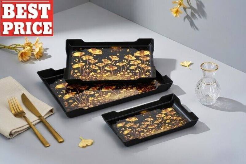 Shiv Serving Tray Set of 3 Premium Rectangular Printed Tray for Serving [BLACK] Tray Serving Set(Pack of 3)