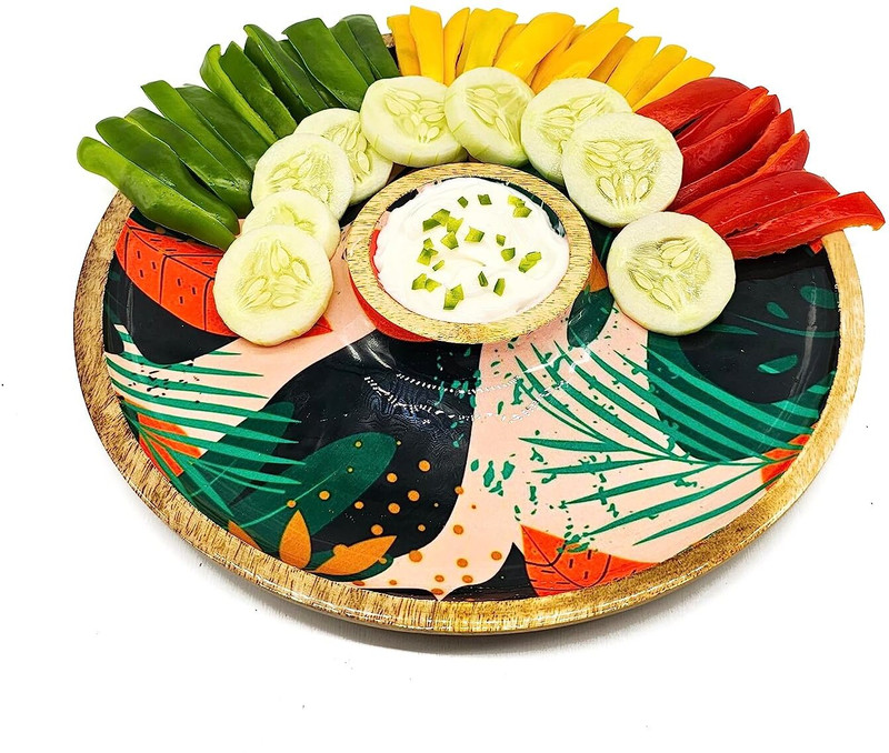 SHIYON Wooden Serving Chip and Dip Platter, Great Gift for Family and Friends 11 Inches Chip & Dip Tray Serving Set(Pack of 1)