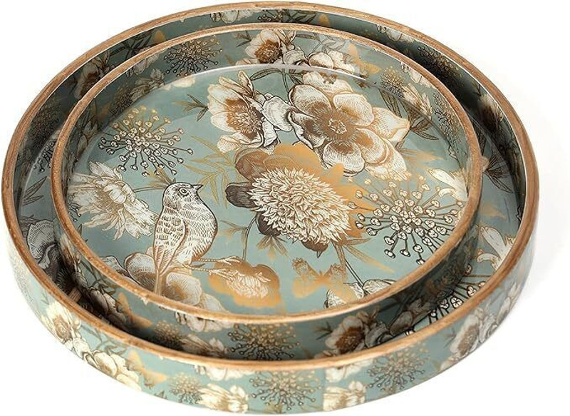 TAH Floral Bird Print Decorative Round Wooden Serving Tray Set 3 Tray Serving Set(Pack of 2)