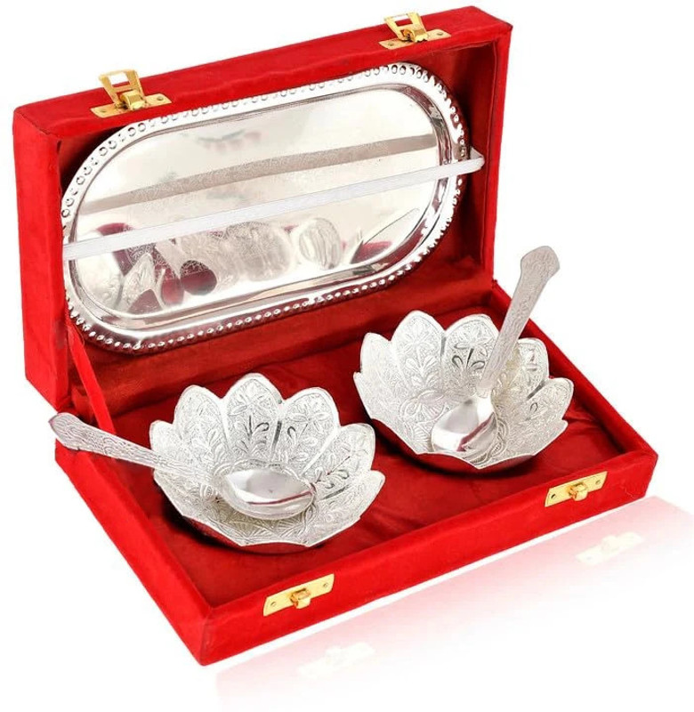 Qadr Craft German Silver Bowl Set For Gift Decorative Silver Plated Bowl, Tray Serving Set