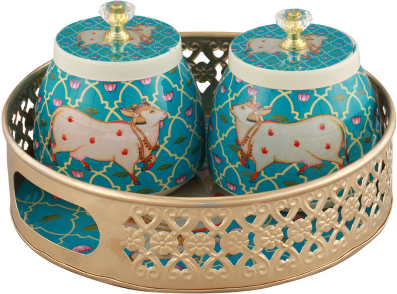 madhurmurli Premium Designer Printed Jar Set with Metal Tray (2 Jars + Basket) – Blue Theme Container, Tray Serving Set(Pack of 1)