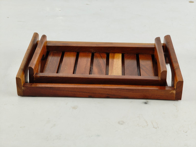 Shree Krishna Premium Solid Wooden Serving Tray Set of 2 | Handcrafted Multipurpose Breakfast Tray Serving Set