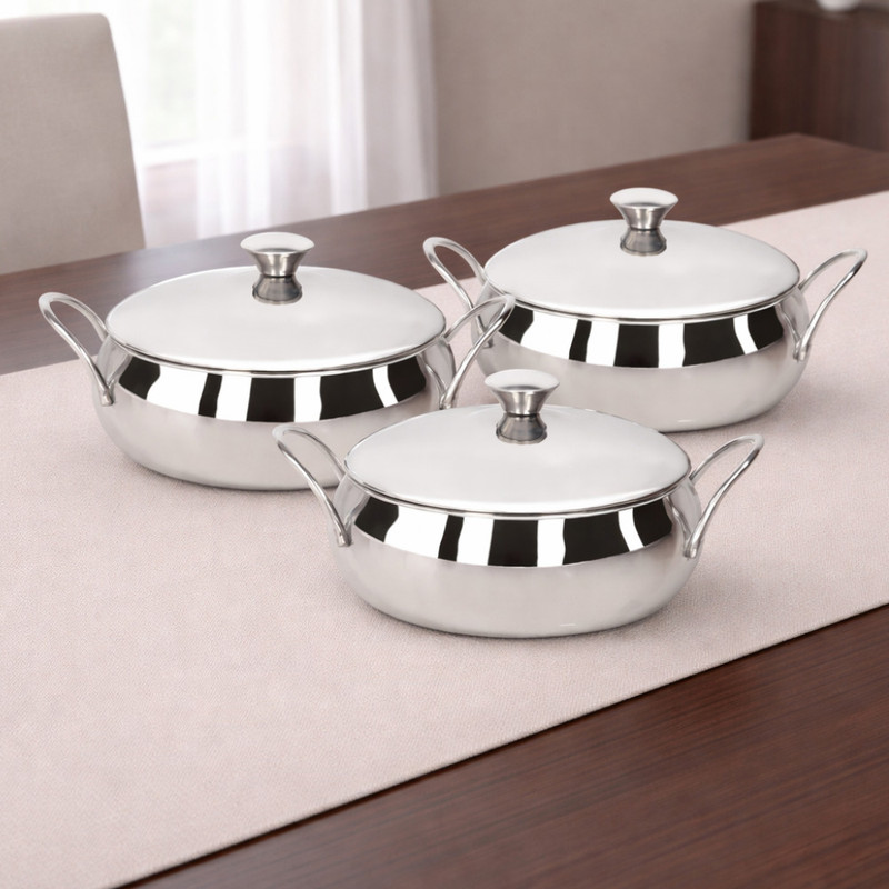 VINOD Stainless Steel Indigo Serving Bowls with Handle - 3 Piece Set Bowl Serving Set(Pack of 3)