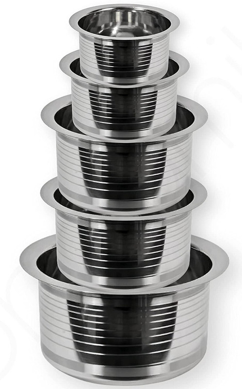 Nirvika 5 Pcs Stainless Steel Tope Container Set/Tope/tapeli/patila Cookware Set Tope/Bhagona/Patila Set 0.425 L, 0.55 L, 0.85 L, 1.2 L, 1.5 L capacity 12 cm diameter(Stainless Steel)