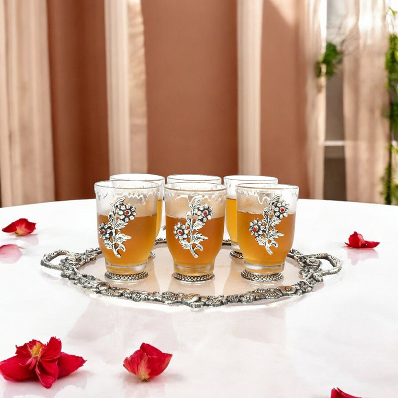 Natriel Luxurious German Silver Glasses & Tray Set with Floral Design for Serving Glass Serving Set(Pack of 7)