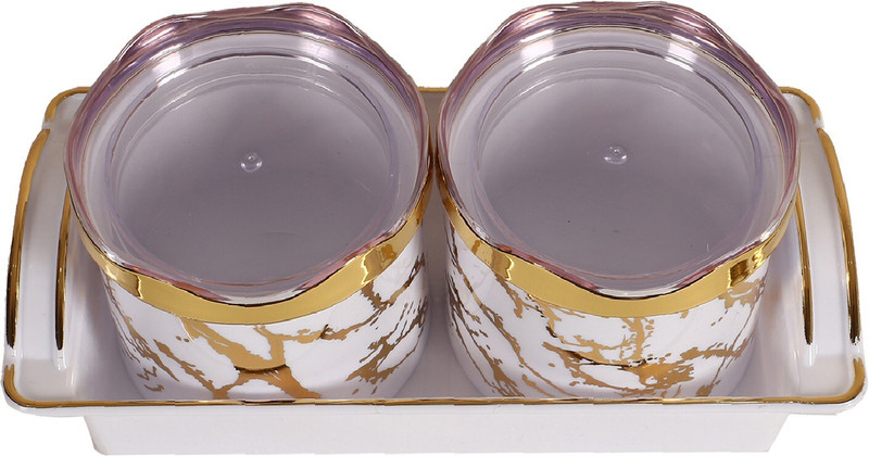 KUBER INDUSTRIES 2 Containers&Tray Set|Unbreakable Plastic ServingTray,350 ml|White|with Airtight Container Serving Set(Pack of 2)