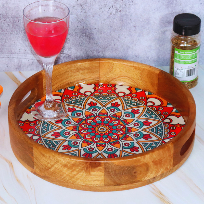 loosebucket Round Serving Tray | Wooden Serving Trays (Big) 30.5 X30.5 X6Cm Tray, Tray Serving Set(Pack of 1)