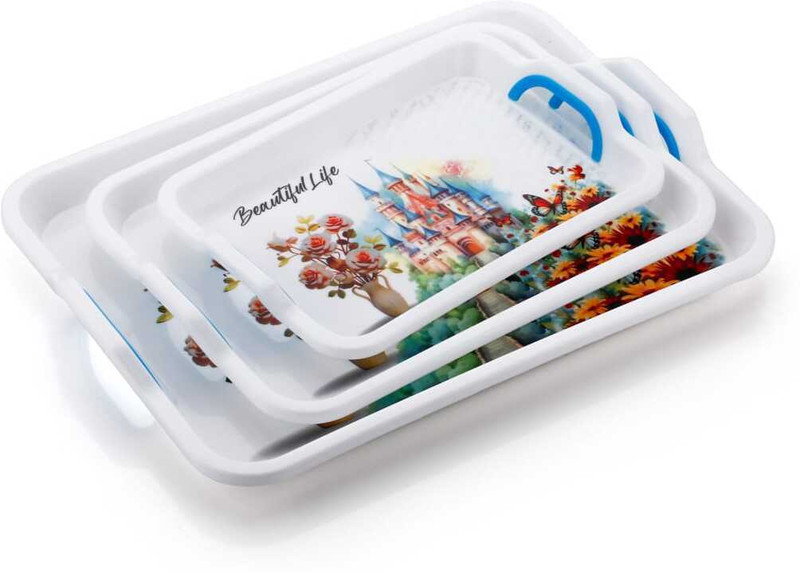 VSELL Serving Tray Set of 3 for Tea, Coffee, Cookie For Home, Kitchen, Office (white) Tray Serving Set(Pack of 1)