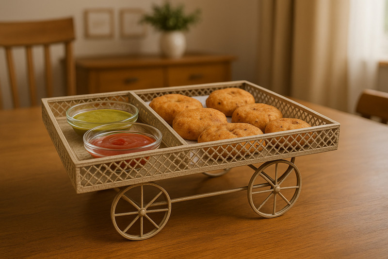 R.R.V. International Metal Snack Serving Cart with 2 Ketchup Glass Bowls Chip & Dip Tray Serving Set(Pack of 1)