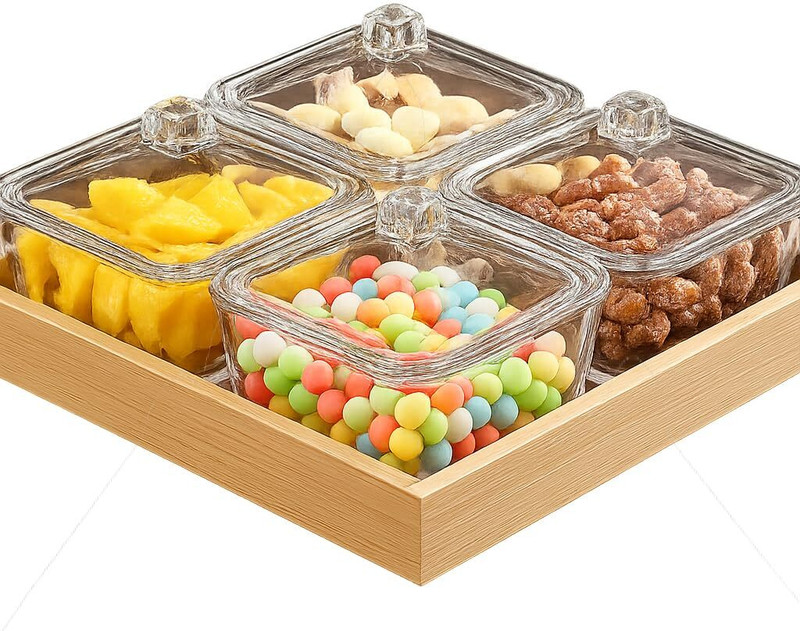 GOLDFINCH Glass Candy Snack Bowl Set with Lid & Wooden Tray | Set of 4 Bowls Bowl, Tray Serving Set(Pack of 1)