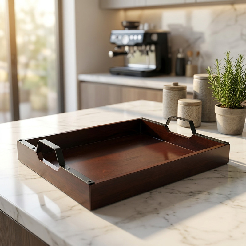 SBBH HOME Wooden Serving Tray with Metal Handles, 15x12 Inch, Dark Brown for Home Kitchens Tray Serving Set(Pack of 1)