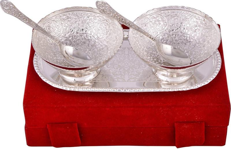 Adiidev Silver Plated 2 Flower Bowl With Spoon With Tray Bowl, Spoon, Plate, Ladle Serving Set(Pack of 5)