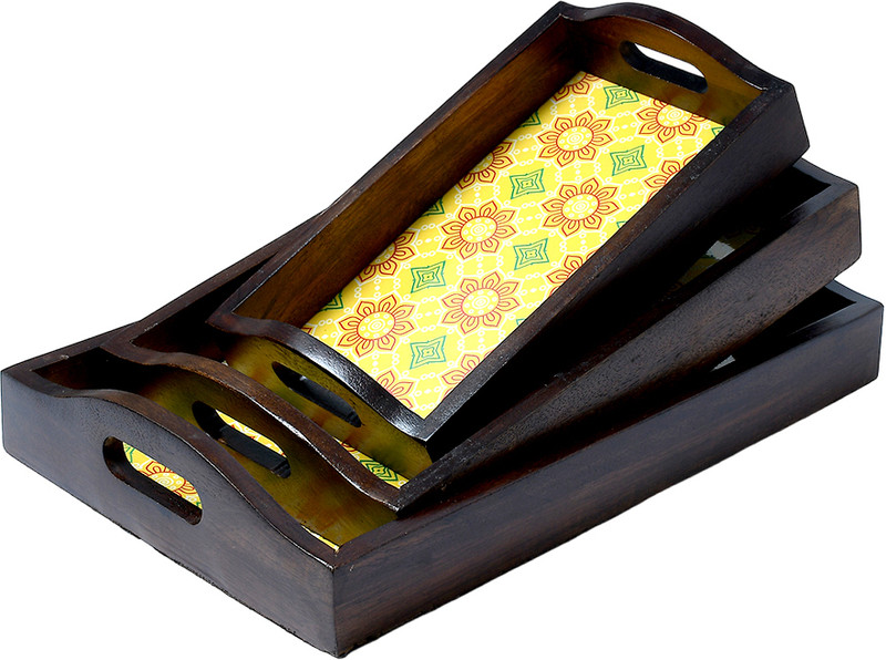 HB Overseas Yellow Mango Wood Rectangular Brown Polished Tray (Set of 3 ) Tray Serving Set(Pack of 1)