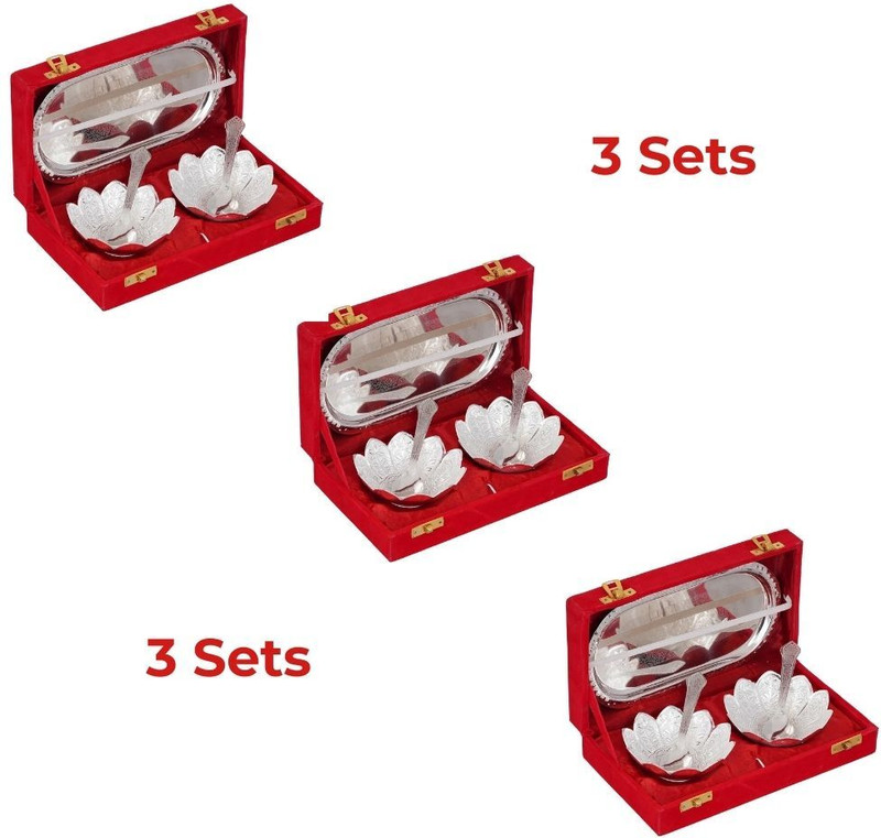 Qadr Craft German Silver Bowl Sets For Gift Decorative Silver Plated Dry Fruits Server Bowl, Tray, Spoon Serving Set(Pack of 2)