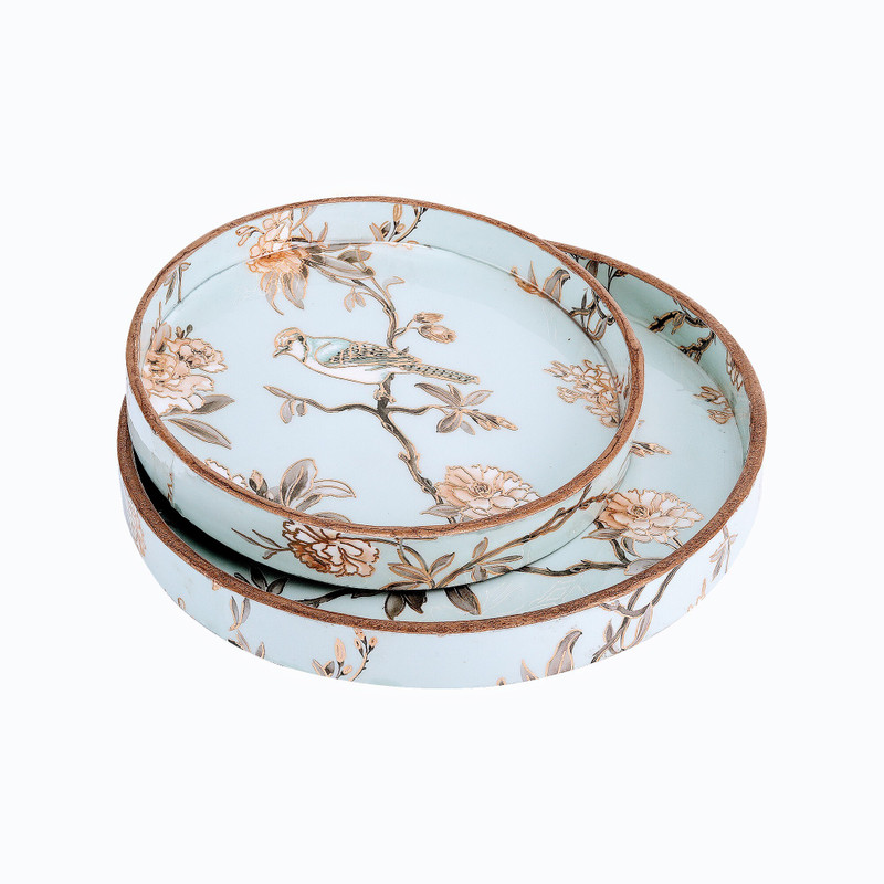 TrayFi Stylish Wooden Tray Set of 2 - Blue Bird Design for Elegant Serving & Gifting Tray Serving Set(Pack of 2)