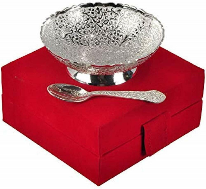 GIFTCITY German Silver Single Bowl with Royal Velvet Box -2 Pieces Set Design-1 Bowl, Spoon Serving Set(Pack of 1)