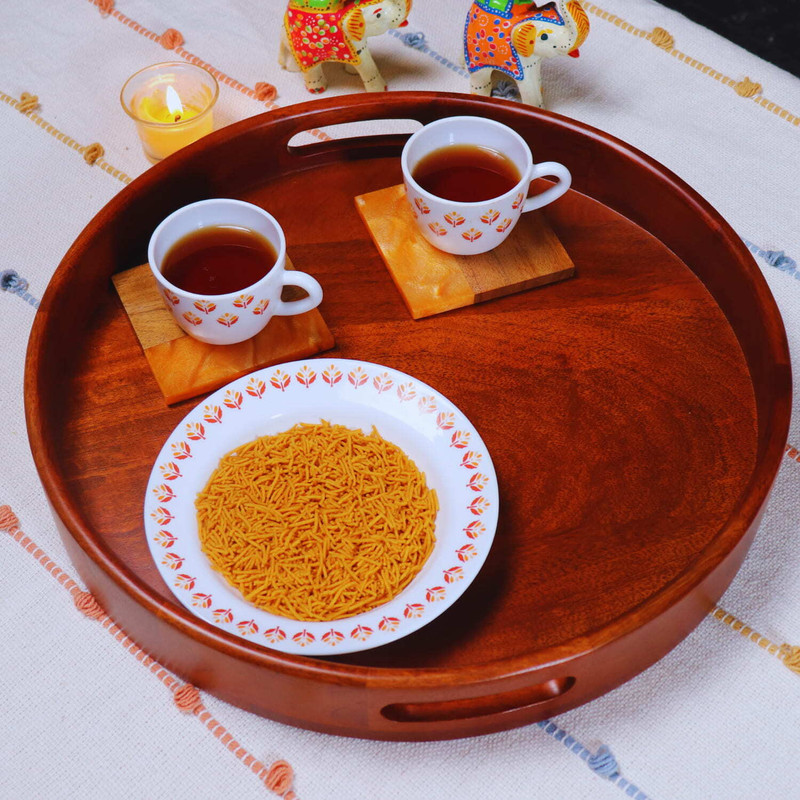 loosebucket Round Serving Tray | Wooden Serving Trays (Big) 40.5 X40.5 X5 Cm Tray Serving Set(Pack of 1)