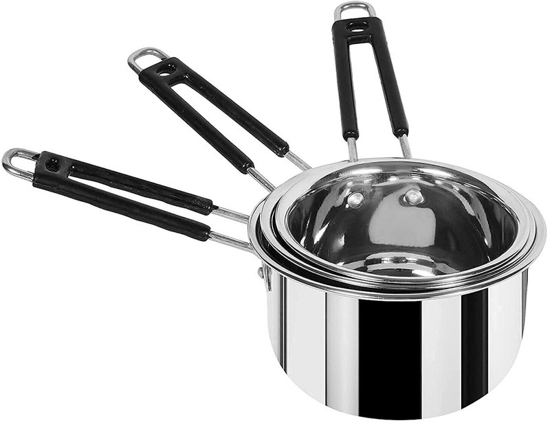 HM EVOTEK Stainless Steel Saucepan Set, 3 Pieces, Silver with Handle for Tea, Coffee K0 Pot 19 cm diameter 1.1 L capacity with Lid(Steel, Non-stick)