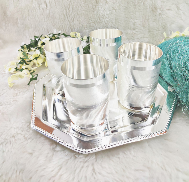 Ojas OJAS Silver Plated,Glass Tray Serving Set,Glass Set for Water Glass, Tray Serving Set(Pack of 5)