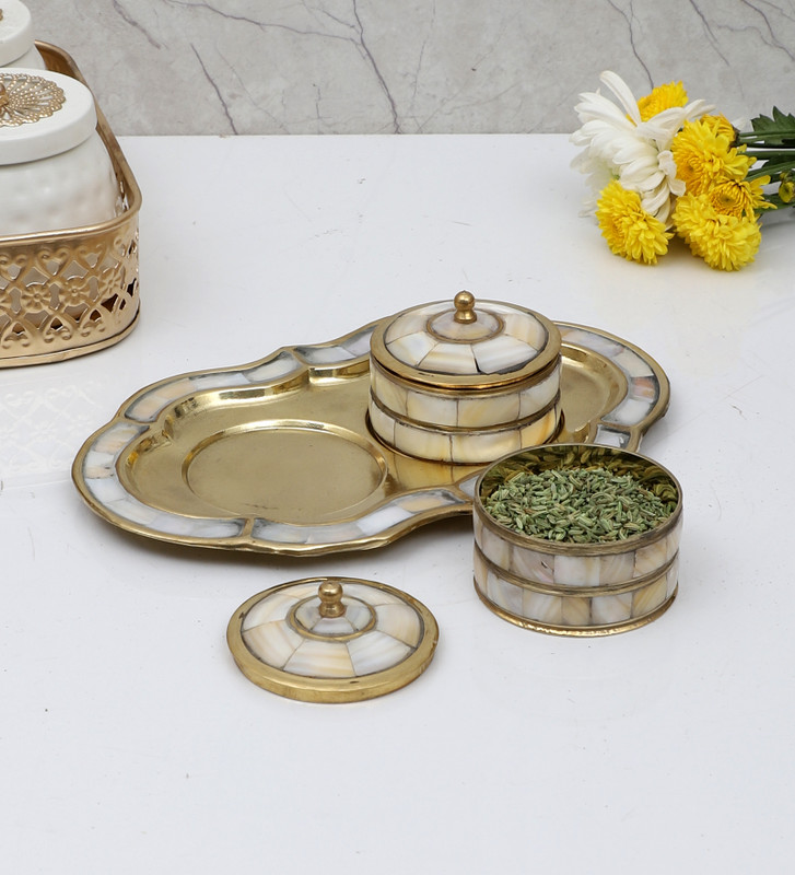 Amaya Decors Brass & MOP Supari Box Set Tray Serving Set(Pack of 1)