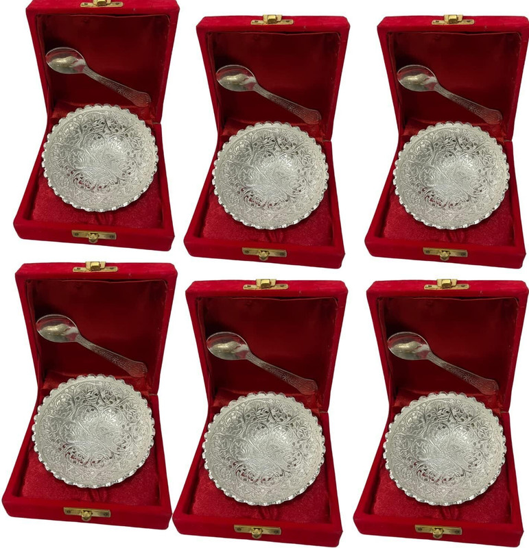 GIFTCITY German Silver Single Bowl with Royal Velvet Box -2 Pieces Set Design-1 Bowl, Spoon Serving Set(Pack of 1)