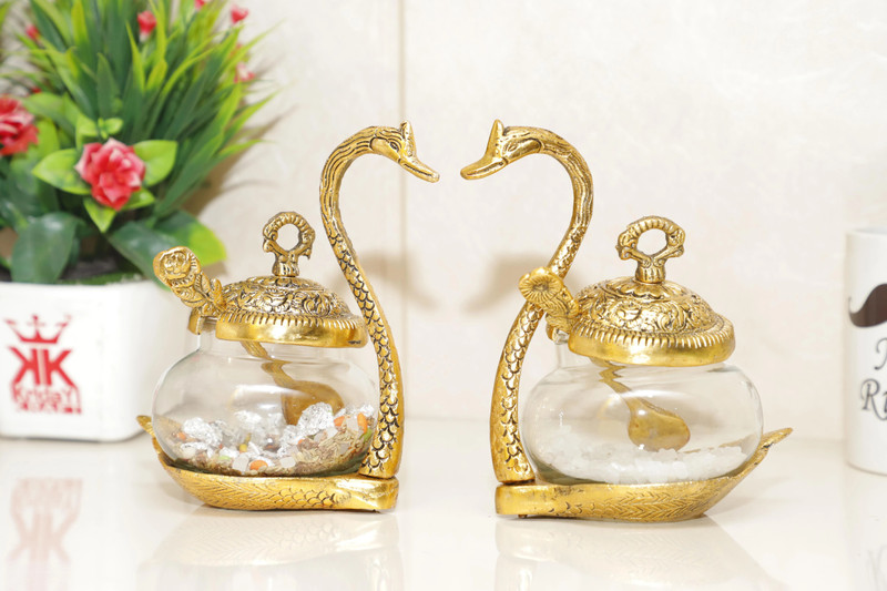 KridayKraft Metal Kissing Duck Transparent Glass Bowl with Spoon Set of 2 pcs Bowl Serving Set(Pack of 2)