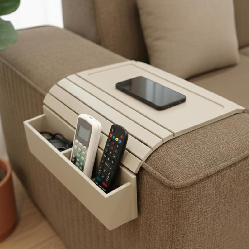 HOME SPARKLE Engineered Wooden Sofa Armrest Tray | Non-Slip Couch Table with 2 Side Holders Tray Serving Set