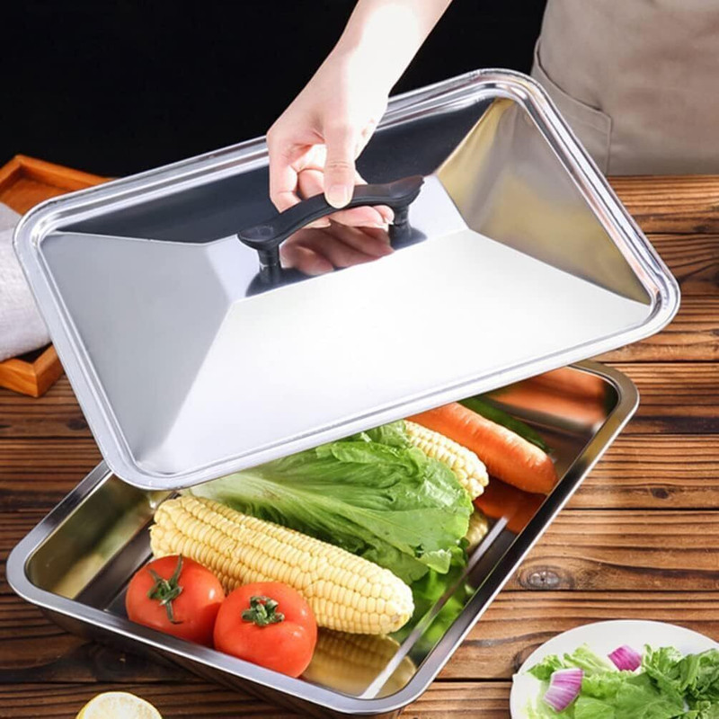 HEVASNEK Stainless Steel Tray with Lid, Dishwasher Safe Plate Serving Set(Pack of 1)