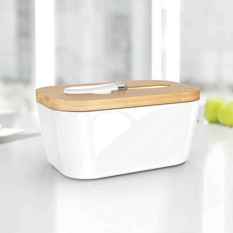 Catron Porcelain Butter Keeper with Bamboo Lid and Steel Knife Butter Dish with Wooden Butter Dish Serving Set(Pack of 1)