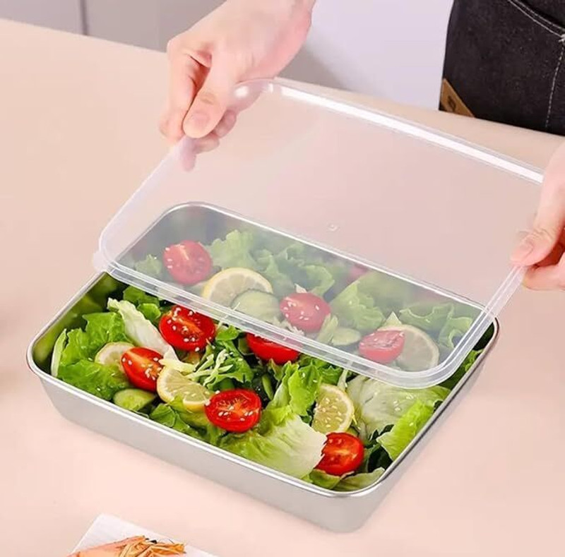 Roswaqio Steel Square Plate with Lid Tray Serving Set(Pack of 1)