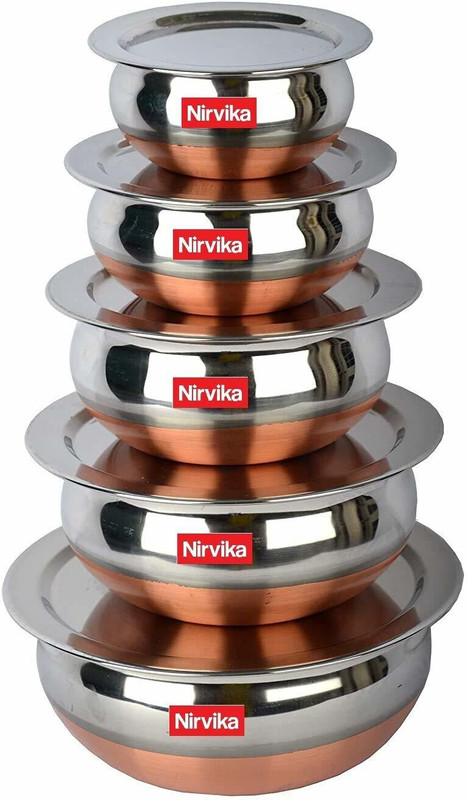 Nirvika copper bottom handi with lid Pot 5 Piece Set/Steel Handi Set 5 Piece Set/Cookware Chetty Combo Set (Stainless Steel, Non-stick, Handi 1.6 L, 1.4 L, 1.0 L, 0.8 L,0.4 L (Stainless Steel) Dish Serving Set(Pack of 5)